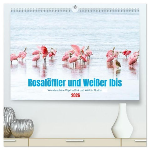 Rosalöffler und weißer Ibis (hochwertiger Premium Wandkalender 2026 DIN A2 quer), Kunstdruck in Hochglanz