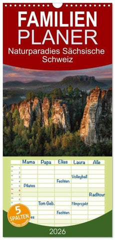 Familienplaner 2026 - Naturparadies Sächsische Schweiz mit 5 Spalten (Wandkalender, 21 x 45 cm) CALVENDO
