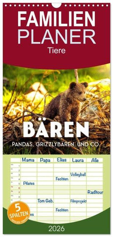 Familienplaner 2026 - Bären - Pandas, Grizzlybären und Co. mit 5 Spalten (Wandkalender, 21 x 45 cm) CALVENDO