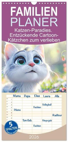 Familienplaner 2026 - Katzen-Paradies. Entzückende Cartoon-Kätzchen zum verlieben mit 5 Spalten (Wandkalender, 21 x 45 cm) CALVENDO