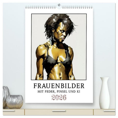 Frauenbilder mit Feder, Pinsel und KI (hochwertiger Premium Wandkalender 2026 DIN A2 hoch), Kunstdruck in Hochglanz