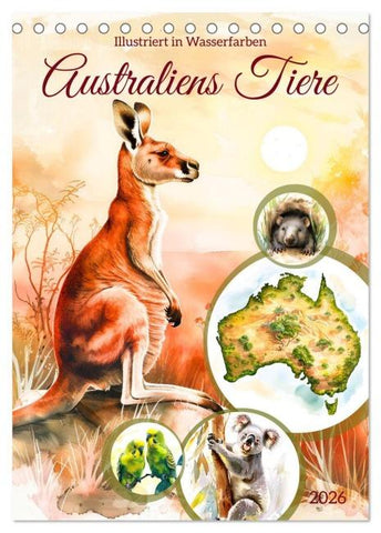 Australiens Tiere - Illustriert in Wasserfarben (Tischkalender 2026 DIN A5 hoch), CALVENDO Monatskalender