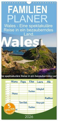 Familienplaner 2026 - Wales - Eine spektakuläre Reise in ein bezauberndes Land. mit 5 Spalten (Wandkalender, 21 x 45 cm) CALVENDO