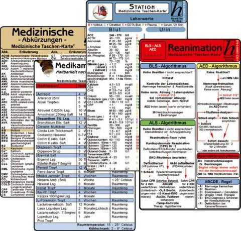 Stations Karten-Set 2025 - Laborwerte, Med. Abkürzungen, Medikamente - Haltbarkeit nach Anbruch, Reanimation, EKG Diagnostik & Ableitungen