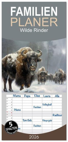 Familienplaner 2026 - Wilde Rinder mit 5 Spalten (Wandkalender, 21 x 45 cm) CALVENDO