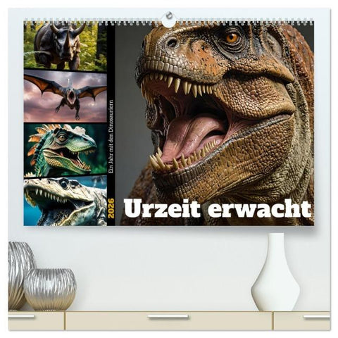 Urzeit erwacht - Ein Jahr mit den Dinosauriern (hochwertiger Premium Wandkalender 2026 DIN A2 quer), Kunstdruck in Hochglanz