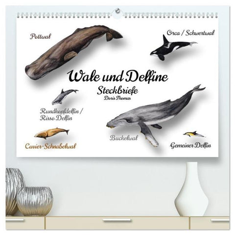 Wale und Delfine Steckbriefe (hochwertiger Premium Wandkalender 2026 DIN A2 quer), Kunstdruck in Hochglanz