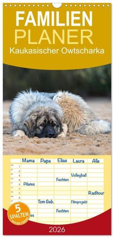 Familienplaner 2026 - Kaukasischer Owtscharka mit 5 Spalten (Wandkalender, 21 x 45 cm) CALVENDO