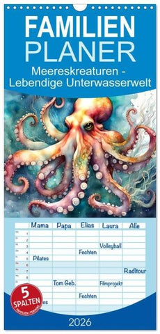 Familienplaner 2026 - Meereskreaturen - Lebendige Unterwasserwelt mit 5 Spalten (Wandkalender, 21 x 45 cm) CALVENDO