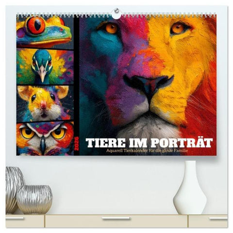Tiere im Porträt - Aquarell Tierkalender für die ganze Familie (hochwertiger Premium Wandkalender 2026 DIN A2 quer), Kunstdruck in Hochglanz