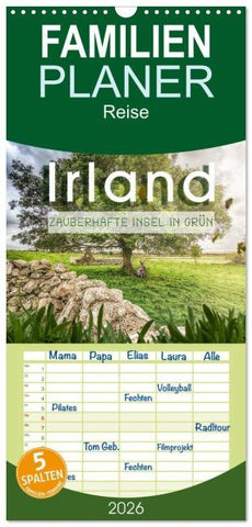 Familienplaner 2026 - Irland - Zauberhafte Insel in grün mit 5 Spalten (Wandkalender, 21 x 45 cm) CALVENDO