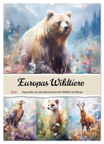 Europas Wildtiere. Aquarelle von den Bewohnern der Wälder und Berge (Wandkalender 2026 DIN A2 hoch), CALVENDO Monatskalender