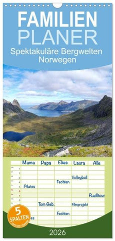 Familienplaner 2026 - Spektakuläre Bergwelten Norwegen mit 5 Spalten (Wandkalender, 21 x 45 cm) CALVENDO