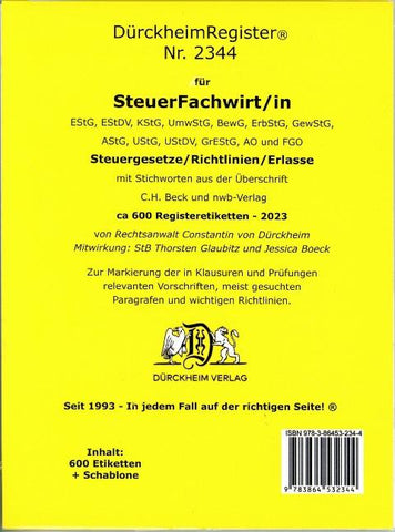 DürckheimRegister® STEUERFACHWIRT/IN für die Steuergesetze- Richtlinien + Erlasse mit Stichworten