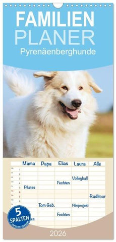 Familienplaner 2026 - Pyrenäenberghunde mit 5 Spalten (Wandkalender, 21 x 45 cm) CALVENDO