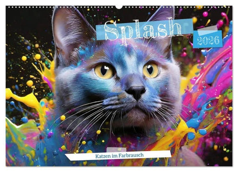 Splash - Katzen im Farbrausch (Wandkalender 2026 DIN A2 quer), CALVENDO Monatskalender