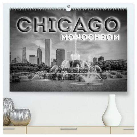 CHICAGO Monochrom (hochwertiger Premium Wandkalender 2026 DIN A2 quer), Kunstdruck in Hochglanz