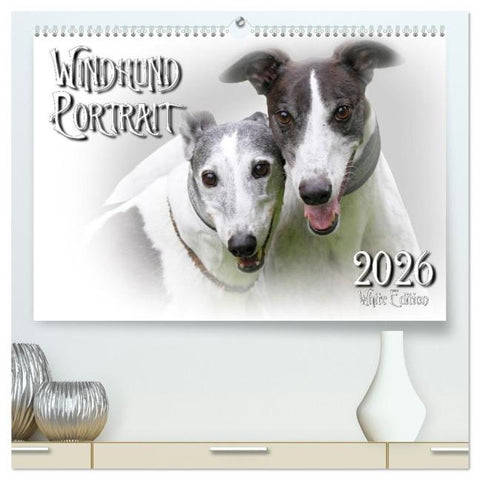 Windhund Portrait 2026 White Edition (hochwertiger Premium Wandkalender 2026 DIN A2 quer), Kunstdruck in Hochglanz