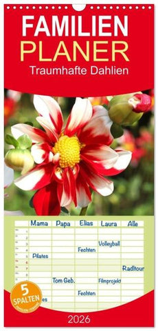 Familienplaner 2026 - Traumhafte Dahlien mit 5 Spalten (Wandkalender, 21 x 45 cm) CALVENDO