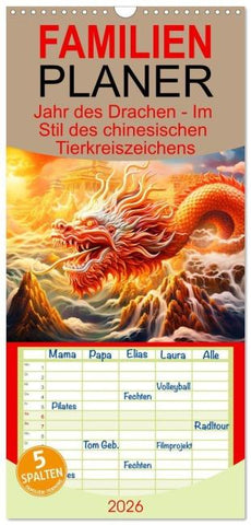 Familienplaner 2026 - Jahr des Drachen - Im Stil des chinesischen Tierkreiszeichens mit 5 Spalten (Wandkalender, 21 x 45 cm) CALVENDO