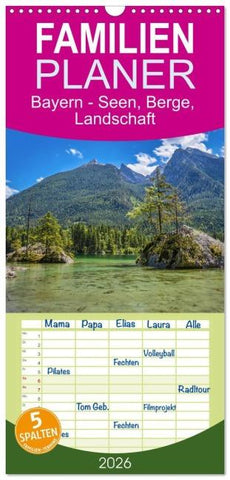Familienplaner 2026 - Bayern - Seen, Berge, Landschaft mit 5 Spalten (Wandkalender, 21 x 45 cm) CALVENDO