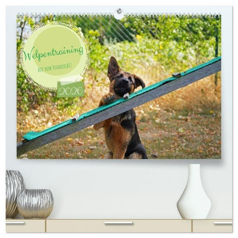 Welpentraining auf dem Hundeplatz (hochwertiger Premium Wandkalender 2026 DIN A2 quer), Kunstdruck in Hochglanz