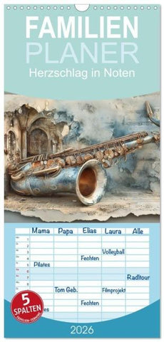 Familienplaner 2026 - Herzschlag in Noten mit 5 Spalten (Wandkalender, 21 x 45 cm) CALVENDO