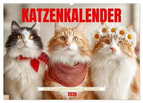 Katzenkalender - Süße Katzen begleiten dich durch alle Jahreszeiten (Wandkalender 2026 DIN A2 quer), CALVENDO Monatskalender