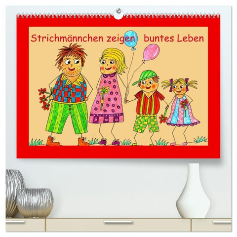 Strichmännchen zeigen buntes Leben (hochwertiger Premium Wandkalender 2026 DIN A2 quer), Kunstdruck in Hochglanz