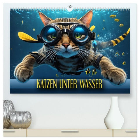 Katzen unter Wasser (hochwertiger Premium Wandkalender 2027 DIN A2 quer), Kunstdruck in Hochglanz