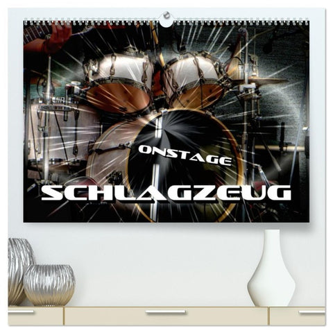 Schlagzeug onstage (hochwertiger Premium Wandkalender 2026 DIN A2 quer), Kunstdruck in Hochglanz