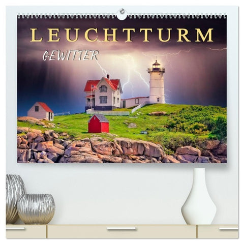 Leuchtturm Gewitter (hochwertiger Premium Wandkalender 2026 DIN A2 quer), Kunstdruck in Hochglanz
