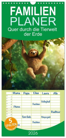 Familienplaner 2026 - Quer durch die Tierwelt der Erde mit 5 Spalten (Wandkalender, 21 x 45 cm) CALVENDO