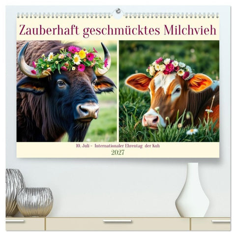 Zauberhaft geschmücktes Milchvieh (hochwertiger Premium Wandkalender 2027 DIN A2 quer), Kunstdruck in Hochglanz