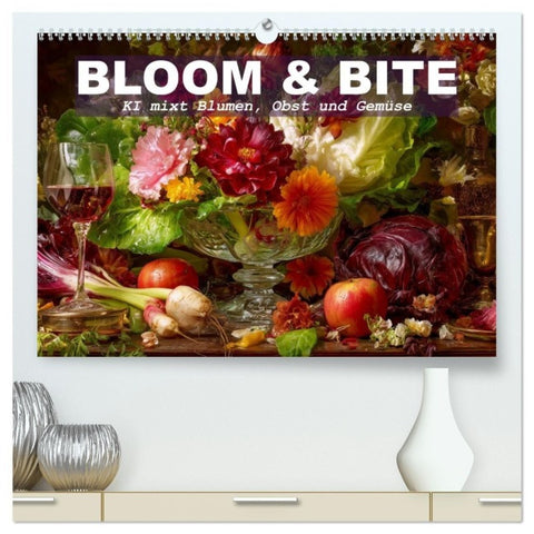 Bloom und Bite. KI mixt Blumen, Obst und Gemüse (hochwertiger Premium Wandkalender 2027 DIN A2 quer), Kunstdruck in Hochglanz
