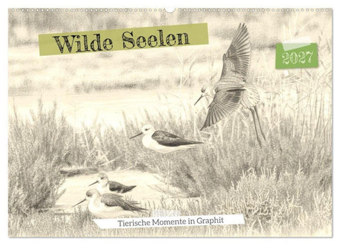 Wilde Seelen - Tierische Momente in Graphit (Wandkalender 2027 DIN A2 quer), CALVENDO Monatskalender