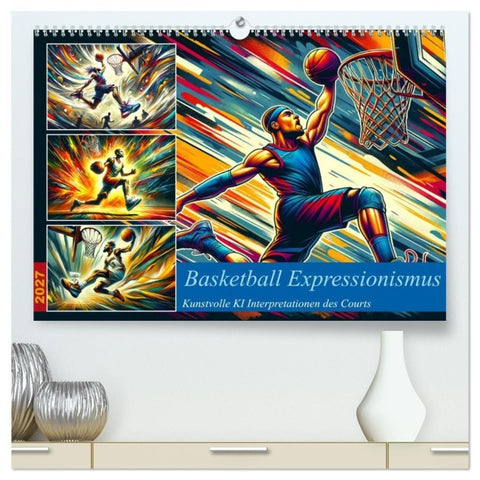 Basketball Expressionismus - Kunstvolle KI Interpretationen des Courts (hochwertiger Premium Wandkalender 2027 DIN A2 quer), Kunstdruck in Hochglanz