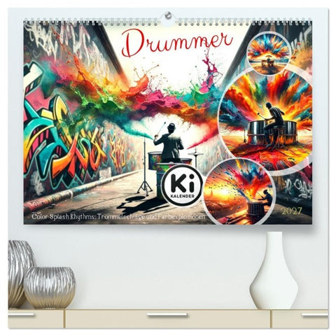 Drummer - Color Splash Rhythms: Trommelschläge und Farbexplosionen (hochwertiger Premium Wandkalender 2027 DIN A2 quer), Kunstdruck in Hochglanz
