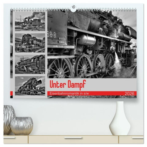Unter Dampf - Eisenbahnromantik in schwarz-weiß (hochwertiger Premium Wandkalender 2026 DIN A2 quer), Kunstdruck in Hochglanz