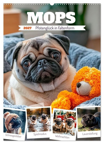 MOPS Pfotenglück in Faltenform (Wandkalender 2027 DIN A2 hoch), CALVENDO Monatskalender