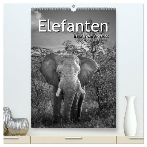 Elefanten in schwarz-weiss (hochwertiger Premium Wandkalender 2027 DIN A2 hoch), Kunstdruck in Hochglanz