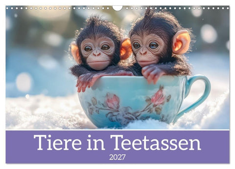 Tiere in Teetassen (Wandkalender 2027 DIN A3 quer), CALVENDO Monatskalender