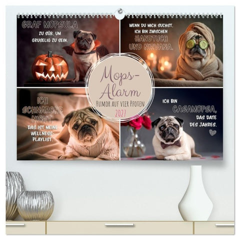 Mops-Alarm (hochwertiger Premium Wandkalender 2027 DIN A2 quer), Kunstdruck in Hochglanz