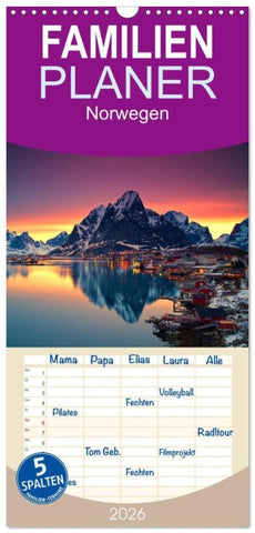 Familienplaner 2026 - Norwegen mit 5 Spalten (Wandkalender, 21 x 45 cm) CALVENDO