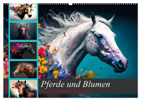 Pferde und Blumen (Wandkalender 2027 DIN A2 quer), CALVENDO Monatskalender
