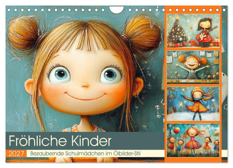 Fröhliche Kinder. Bezaubernde Schulmädchen im Ölbilder-Stil (Wandkalender 2027 DIN A4 quer), CALVENDO Monatskalender