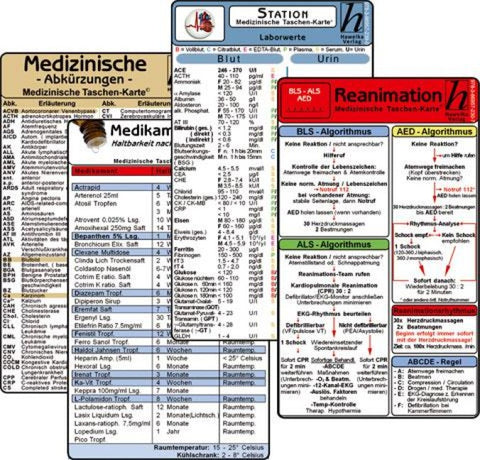 Stations Karten-Set 2025 - Laborwerte, Med. Abkürzungen, Medikamente - Haltbarkeit nach Anbruch, Reanimation, EKG Diagnostik & Ableitungen
