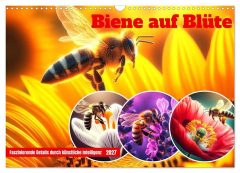 Biene auf Blüte - Faszinierende Details durch künstliche Intelligenz (Wandkalender 2027 DIN A3 quer), CALVENDO Monatskalender