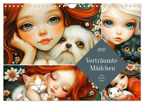 Verträumte Mädchen. Tiere, Blumen, Liebe. (Wandkalender 2027 DIN A4 quer), CALVENDO Monatskalender