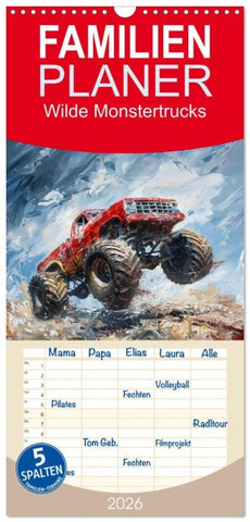Familienplaner 2026 - Wilde Monstertrucks mit 5 Spalten (Wandkalender, 21 x 45 cm) CALVENDO